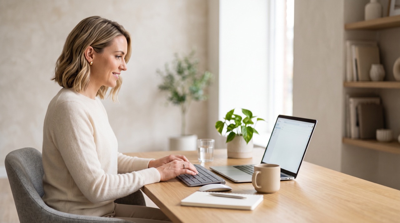 Small business owner typing blog post at desk