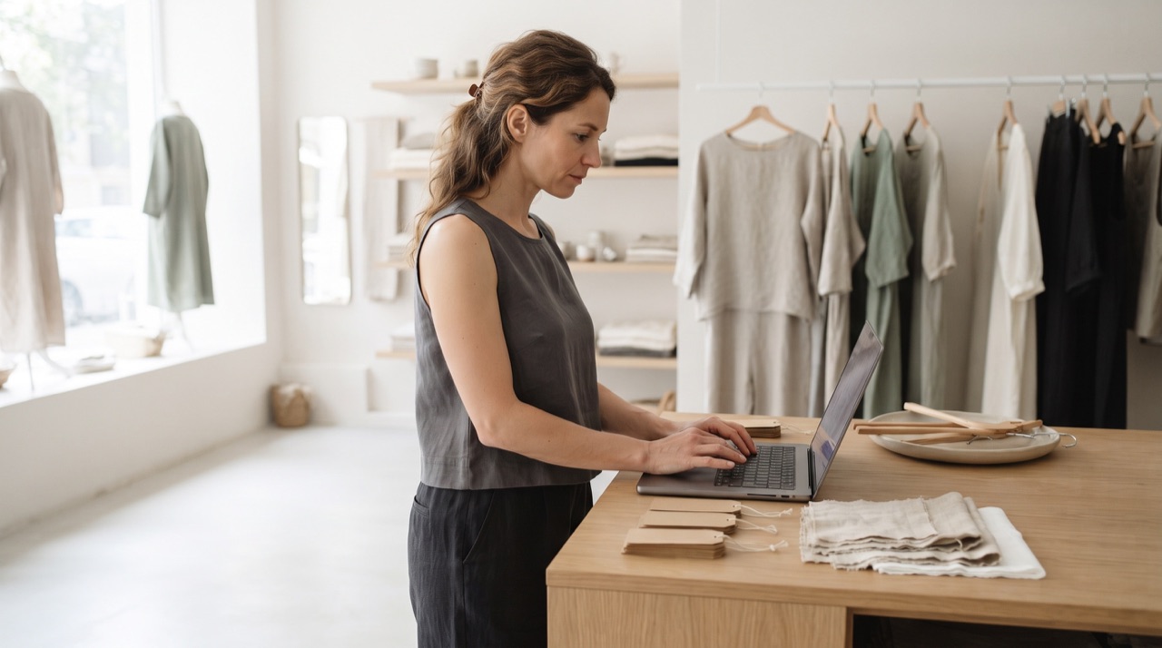 Small business owner publishing article on laptop