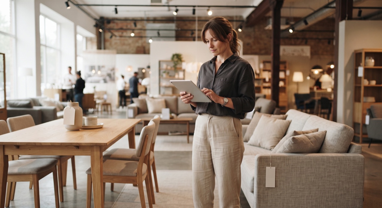 Marketer scheduling blog posts on tablet