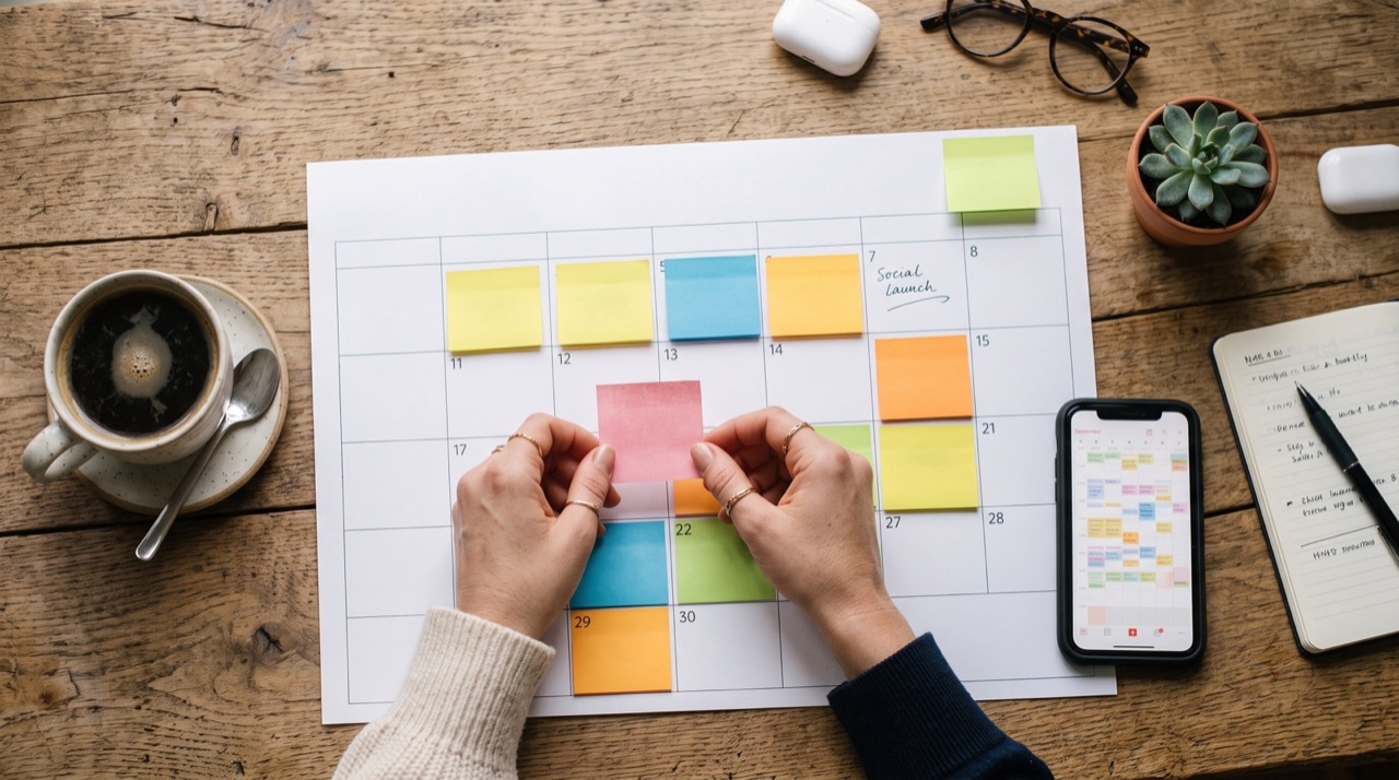 Person scheduling social media posts desktop