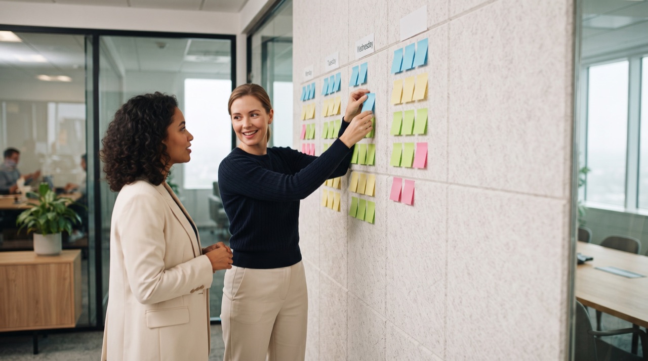 Person organizing sticky notes content schedule