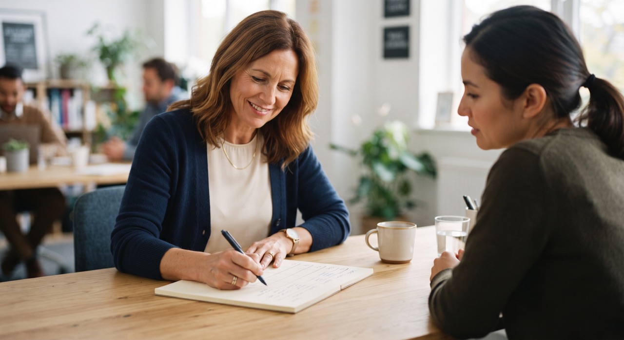 Person filling in weekly planner notebook desk
