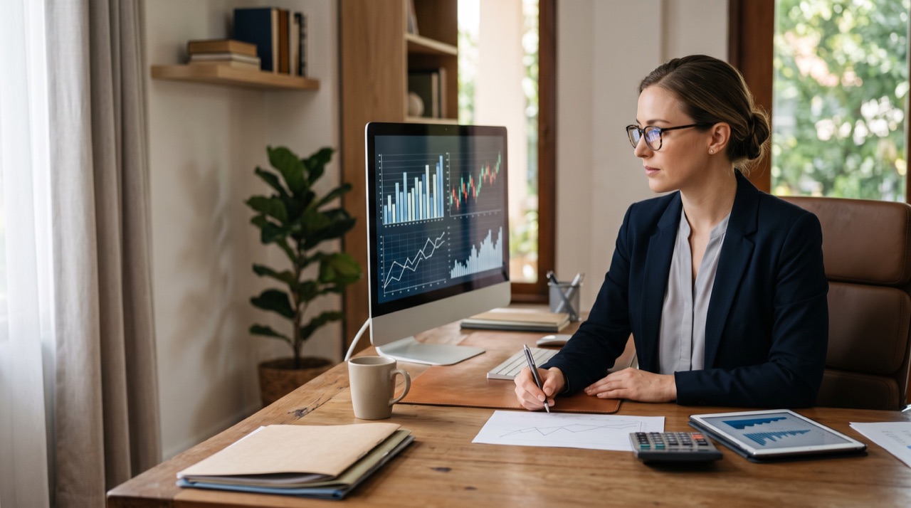 Web analytics graphs on desktop monitor