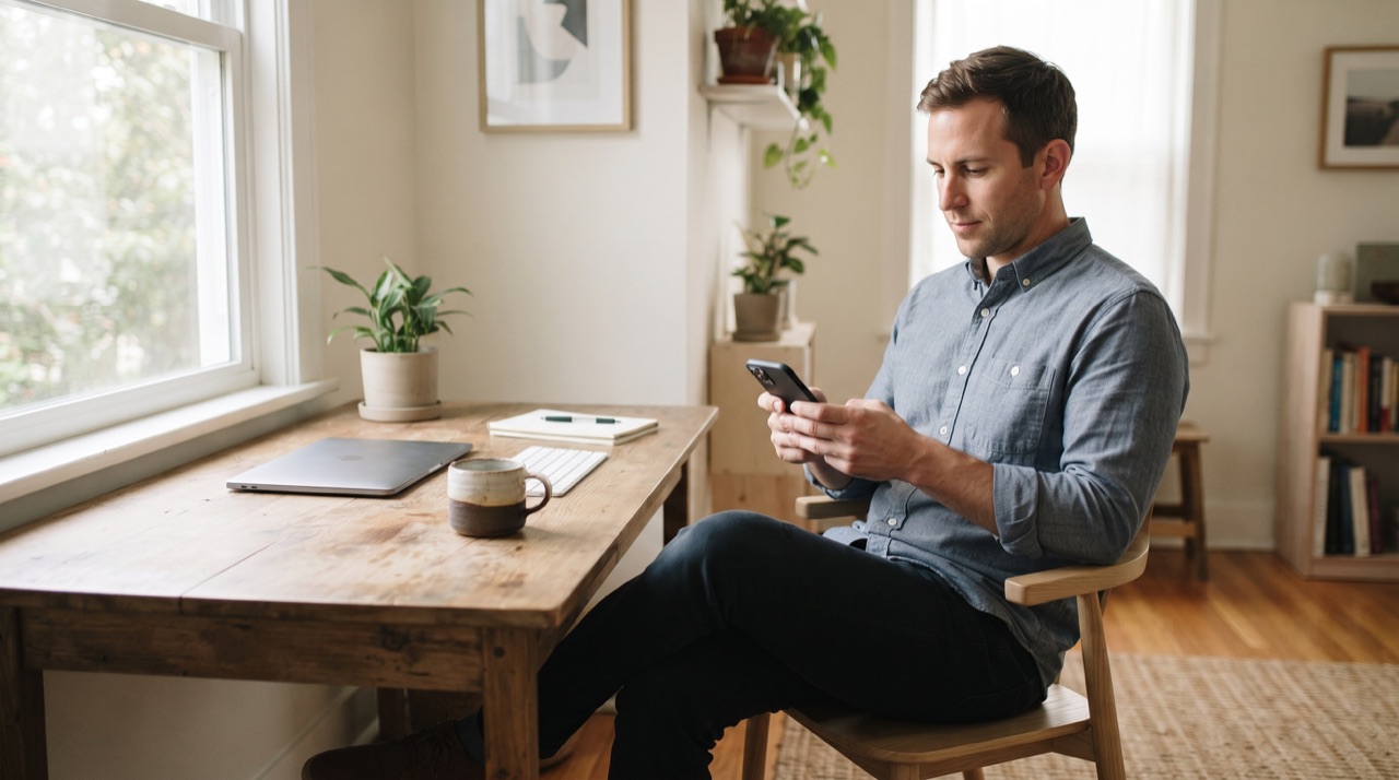Small business owner checking website stats phone
