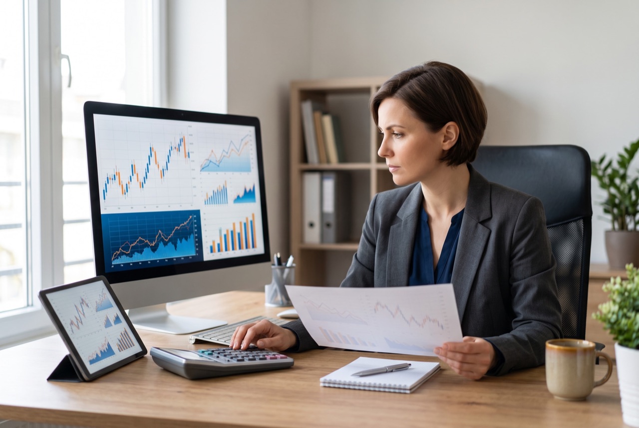 Small business owner reviewing growth chart on tablet