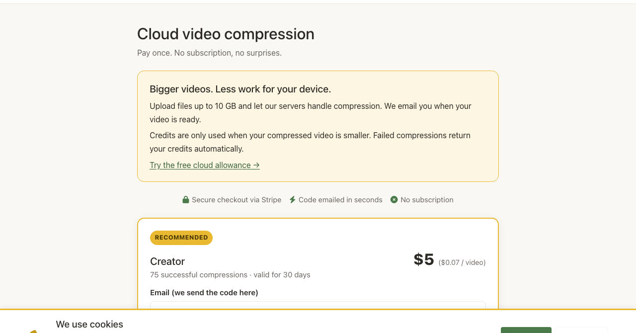 SqueezeVid cloud video compression pricing page with the recommended Creator pack at $5 for 75 compressions