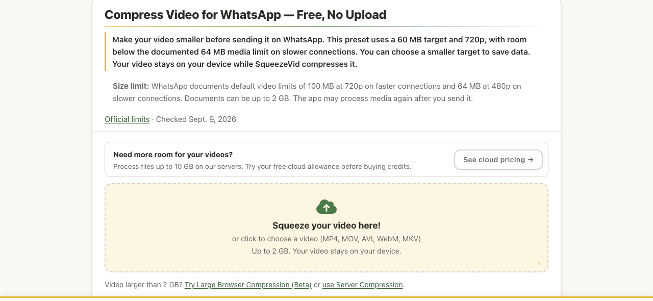 SqueezeVid WhatsApp preset page showing the 60 MB, 720p default and the official size limits
