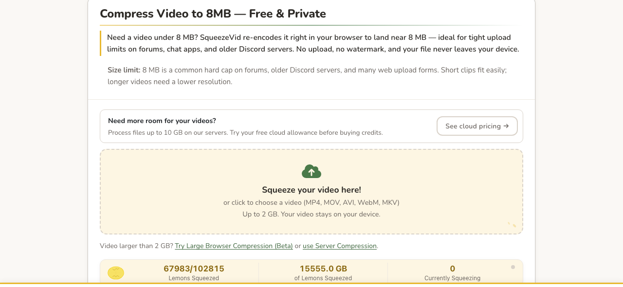 SqueezeVid compress video to 8 MB page with the drop zone and the Squeezing counter