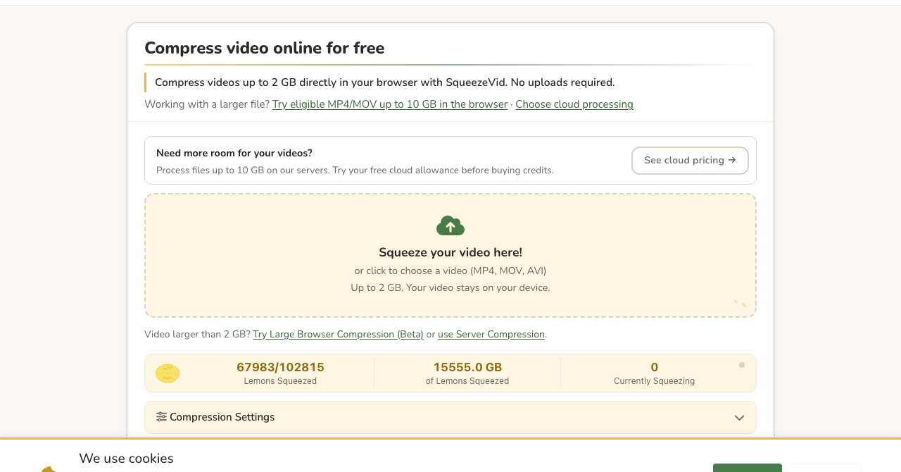 SqueezeVid homepage: the browser compressor with drop zone, 2 GB limit and links to the 10 GB large-file beta and cloud pricing