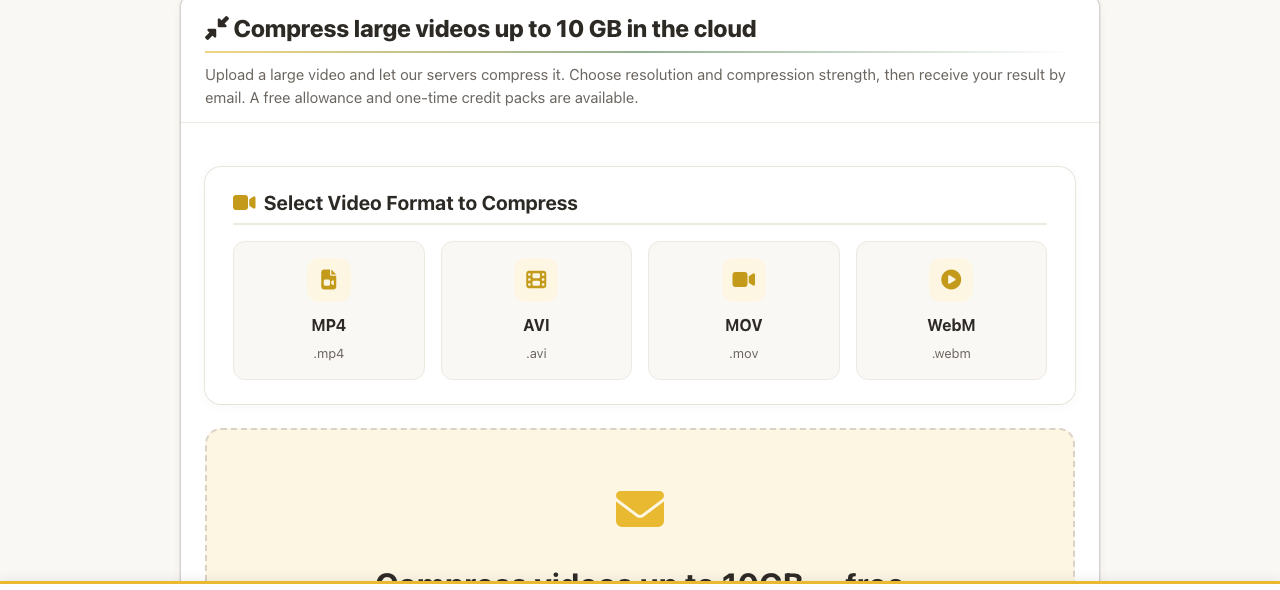 SqueezeVid server compression page for videos up to 10 GB, with MP4, AVI, MOV and WebM format selection
