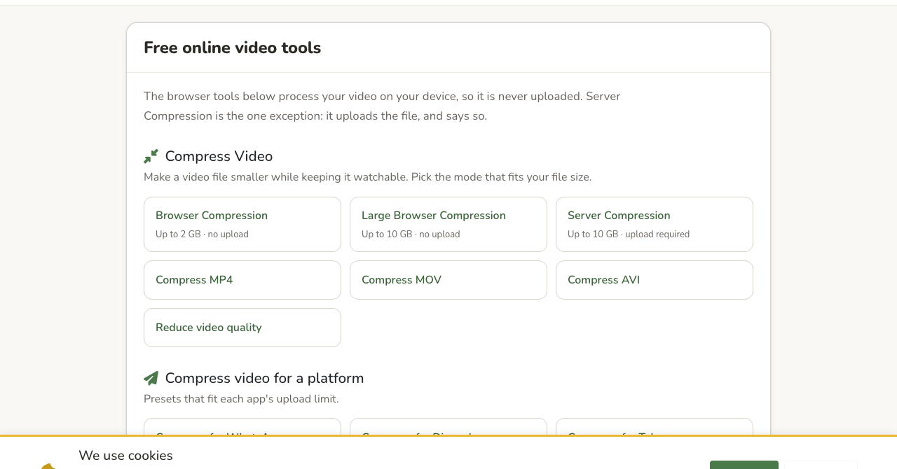 SqueezeVid all tools page listing browser, large browser and server compression plus platform presets
